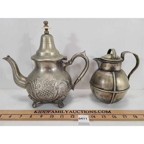 LOT OF 2 - SILVER TONED ARABIAN STYLE TEA POT & PITCHER