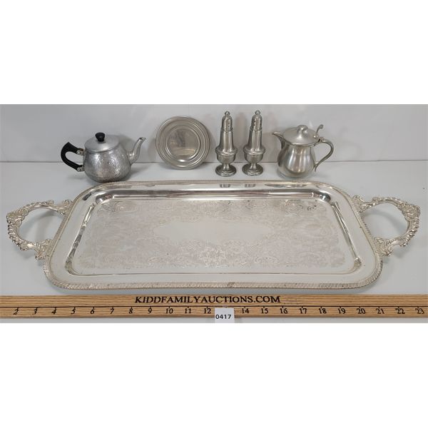 LOT OF 6 - SILVER SERVING TRAY, SHAKERS, CREAMER, ETC