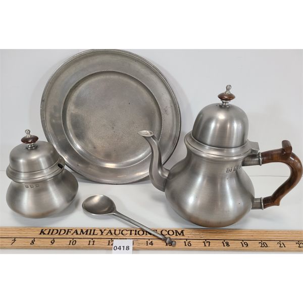 LOT OF 4 - OLD BRITISH PEWTER - PLATE, SUGAR WELL W/SPOON & TEA POT - CIRCA 1800's