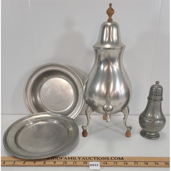 LOT OF 4 - SHEFFIELD PEWTER - SHAKER, SAMOVAR, PLATES 