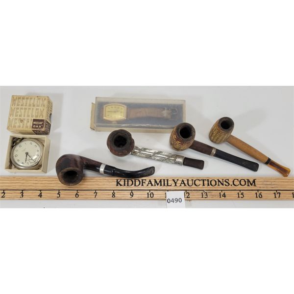 LOT OF 6 - TOBACCO PIPES, WRIST WATCH & WESTCLOX POCKET WATCH