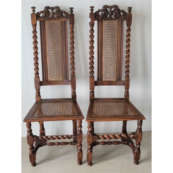 LOT OF 2 - OAK HIGH BACK, CANED CHAIRS W/BARLEY TWIST DETAIL