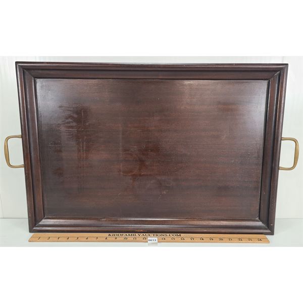 MAHOGANY TONE SERVING TRAY W/ BRASS HANDLES