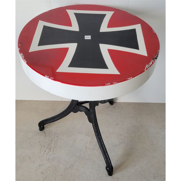 WROUGHT IRON ROUND TABLE - IRON CROSS DESIGNED ENAMEL TOP