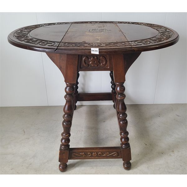 OAK (?) DROP LEAF CARVED TABLE