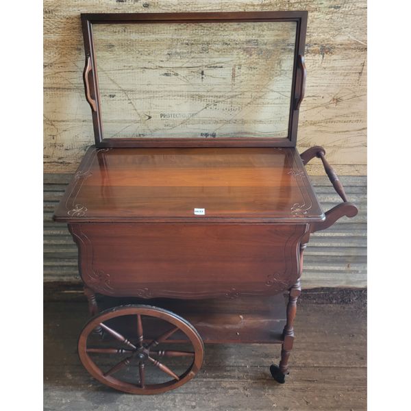 LOT OF 2 - MAHOGANY DROP LEAF TEA CART & SERVING TRAY