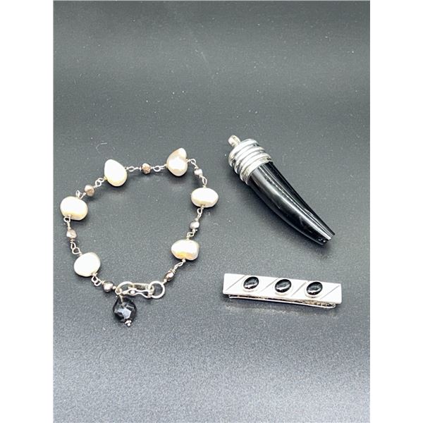 STERLING BLACK ONYX PEARL BRACELET & STERLING MONEY CLIP & PENDANT