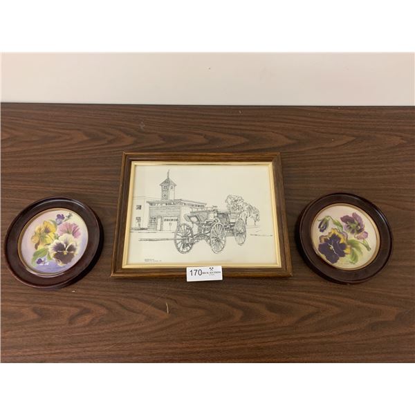 2 x Round-Framed Floral Prints by Rose Leonard and "Bashaw" by Meredith Evans (Print)