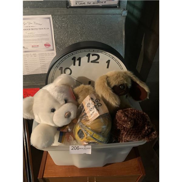 Assortment of Stuffed Animals and a Wall Clock