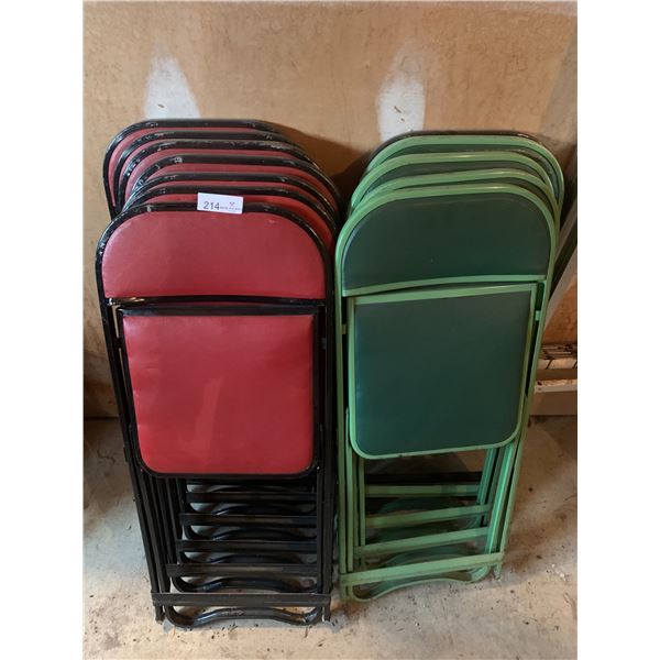 7 x Vintage Red Folding Chairs and 4 x Vintage Green Folding Chairs