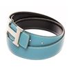 Image 5 : Hermes Blue and Black Leather Silver Tone H buckle Belt