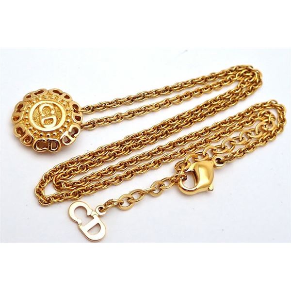 Christian Dior Gold-tone Round Logo Pendant Necklace