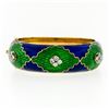 Image 1 : Vintage 18k Gold 2.64 ctw Diamond Green & Blue Enamel Wide Open Bangle Bracelet