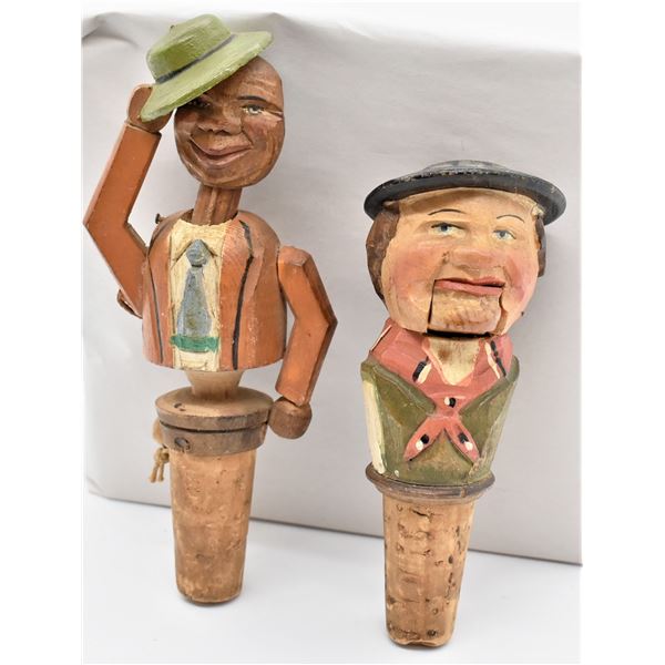 2 Hand Carved German Wood & Cork Bottle Stoppers