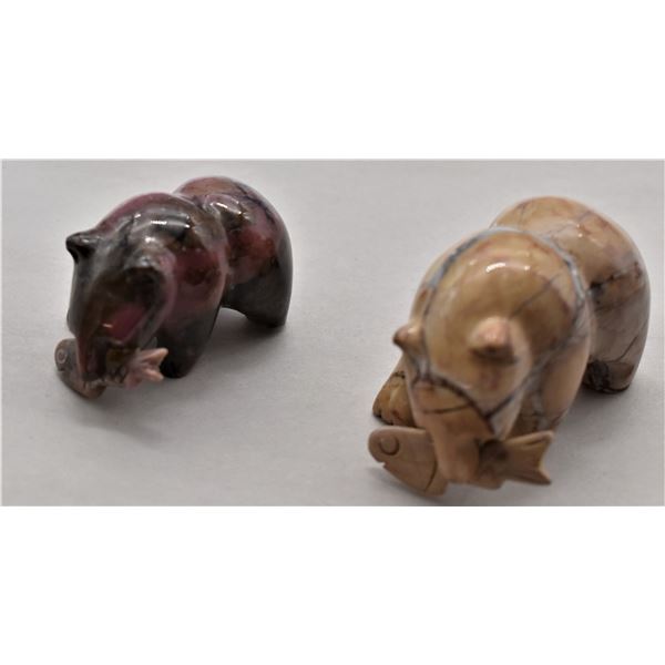 2 Carved Stone Bears Fishing