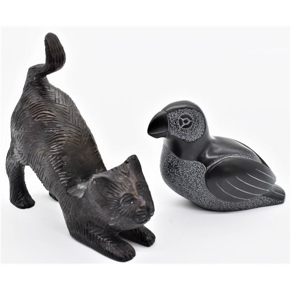 Bronze Stretching Cat and Boma Soapstone Puffin