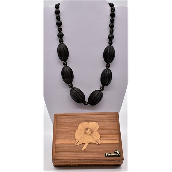 Bahamas Hinged Wood Box and Ethnic Necklace