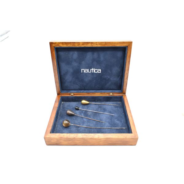 4 Antique Hat Pins in Hinged Wooden Nautica Box