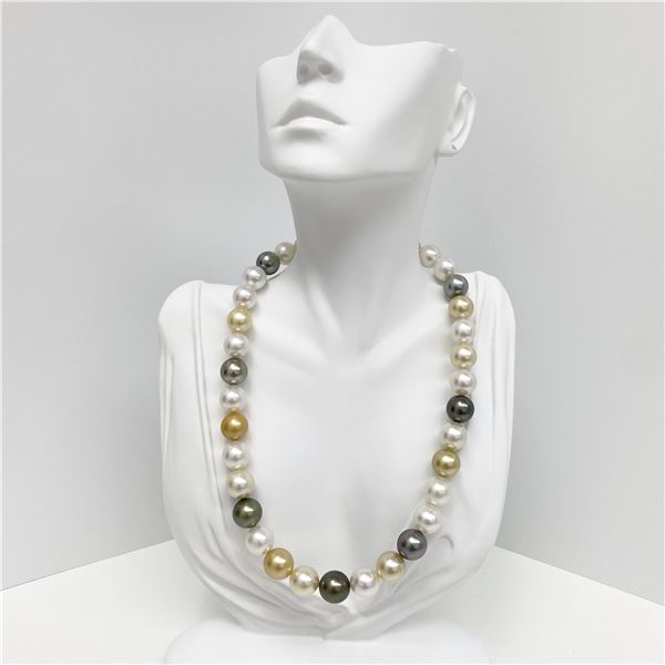 12-14mm South Sea White and Golden and Tahitian Round/Near-Round Pearl Necklace with Gold Clasp