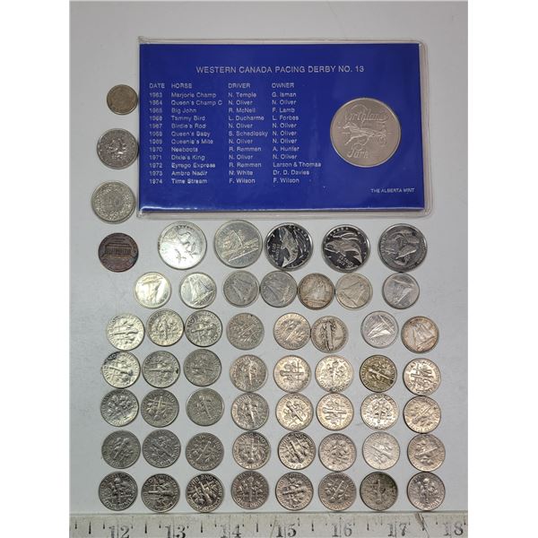 Lot of Various Dimes, Quarters and Foreign Coins