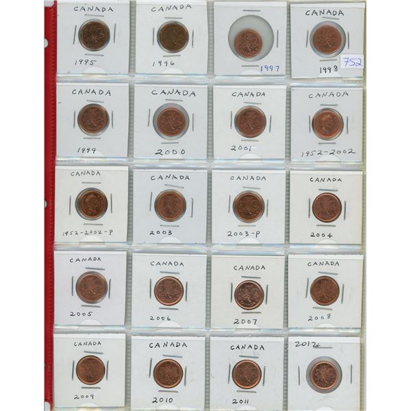 Lot of 20 BU Canadian Small Cents. Includes 1995, 1996, 1997, 1998, 1999, 2000, 2001, 2002, 2002P, 2