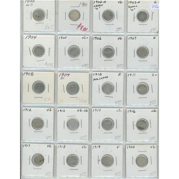 Lot of 20 Canadian Silver 5 Cents. Includes 1900 Oval 0, 1901, 1902H Large H, 1903H Small H, 1904, 1
