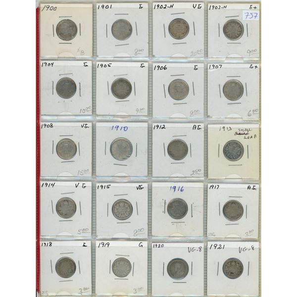 Lot of 20 Canadian Silver 10 Cents. Includes 1900, 1901, 1902H, 1903H, 1904, 1905, 1906, 1907, 1908,