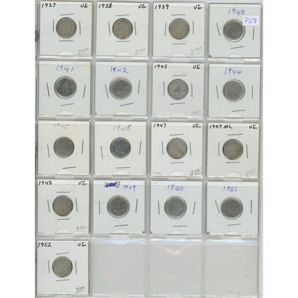 Complete Year Set of Canadian George VI Silver 10 Cents. Includes 1937, 1938, 1939, 1940, 1941, 1942