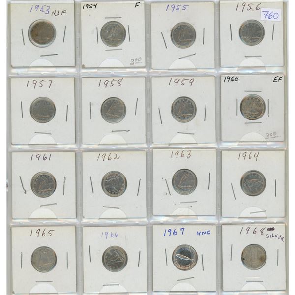 Complete Year Set of Canadian Elizabeth Silver 10 Cents. Includes 1953 NSF, 1954, 1955, 1956, 1957, 
