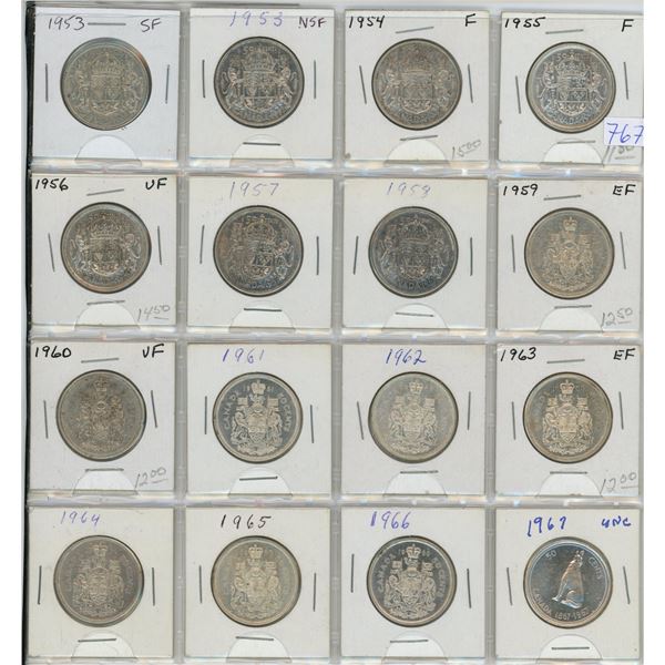 Lot of 16 Canadian Elizabeth Silver 50 Cents. Includes 1953 SF, 1953 NSF, 1954, 1955, 1956, 1957, 19