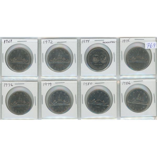 Lot of 8 Canadian Nickel Dollars. Includes 1968, 1972, 1974 Winnipeg, 1975, 1976, 1979, 1980 & 1986.