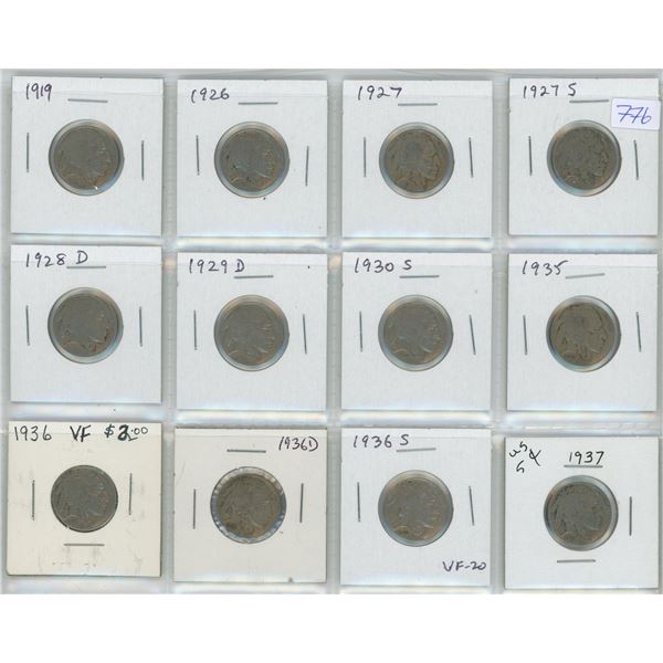 Lot of 12 U.S. Buffalo Nickels. Includes 1919, 1926, 1927, 1927S, 1928D, 1929D, 1930S, 1935, 1936, 1