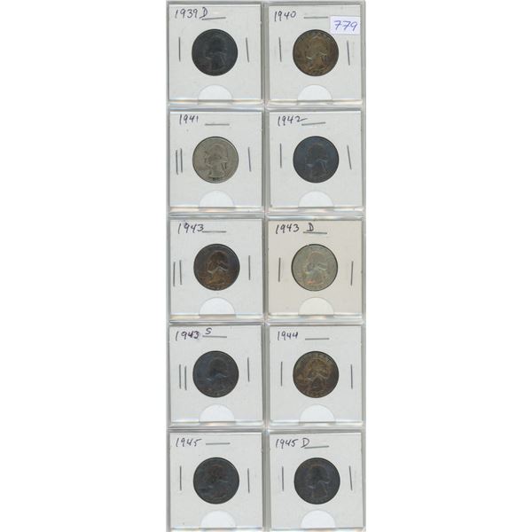 Lot of 10 U.S. Silver Washington Quarter Dollars, all issued during World War II. Includes 1939D, 19