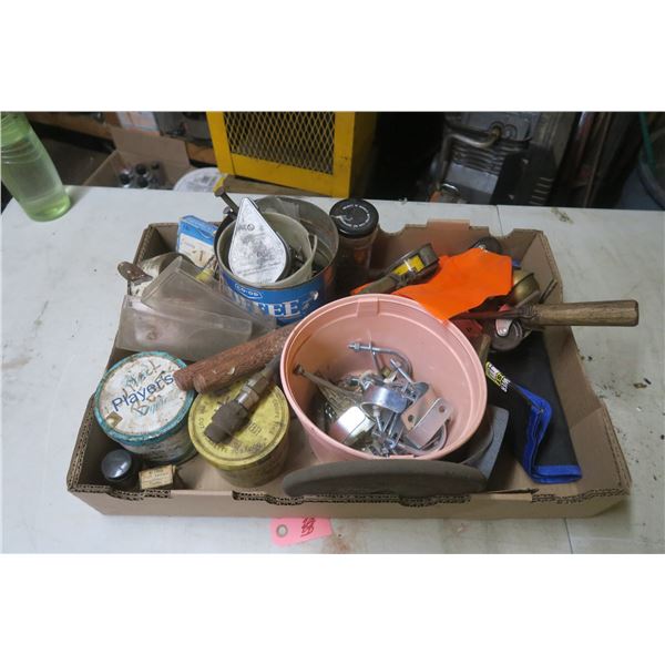 box of assorted screws, nails, hardware, u-clamps, etc.