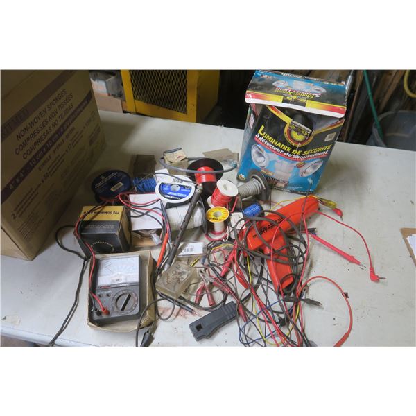 large lot of lights, timing light, trailer wiring, meters, etc.