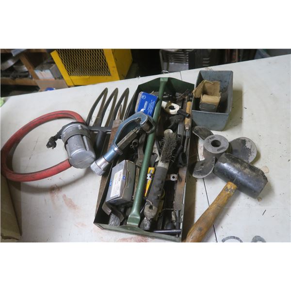 lot of assorted tools, pitchfork head, hammers, boat motor blade, etc.