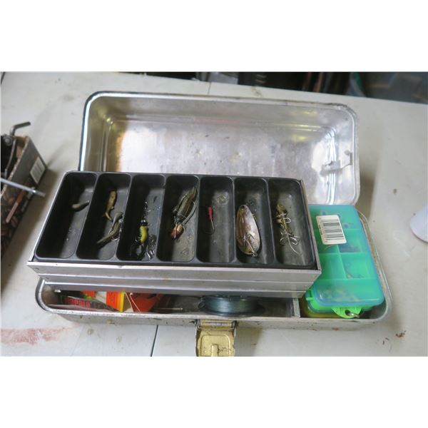 metal tackle box with assorted hooks, line, etc.