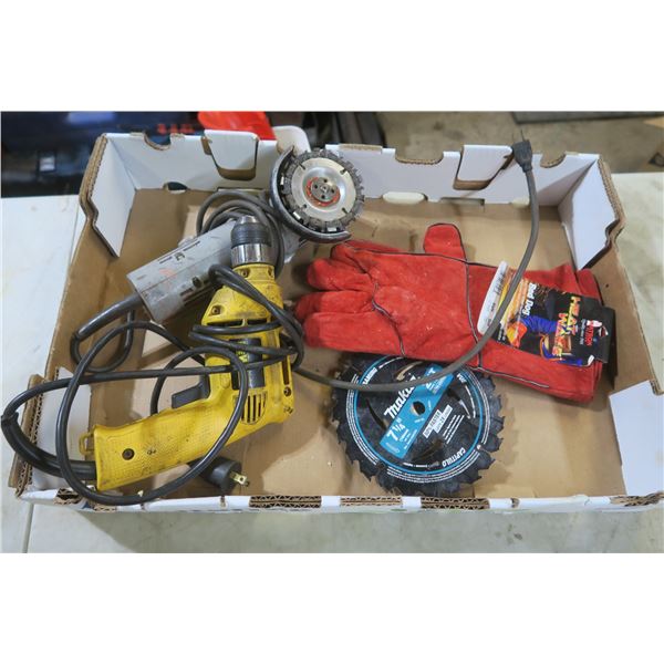 grinder, drill, saw blade and work gloves
