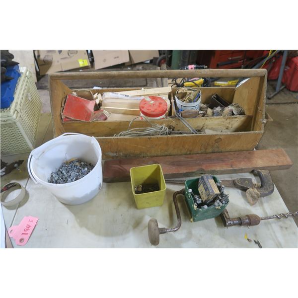wooden tool tray with assorted tools and hardware
