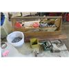 Image 1 : wooden tool tray with assorted tools and hardware
