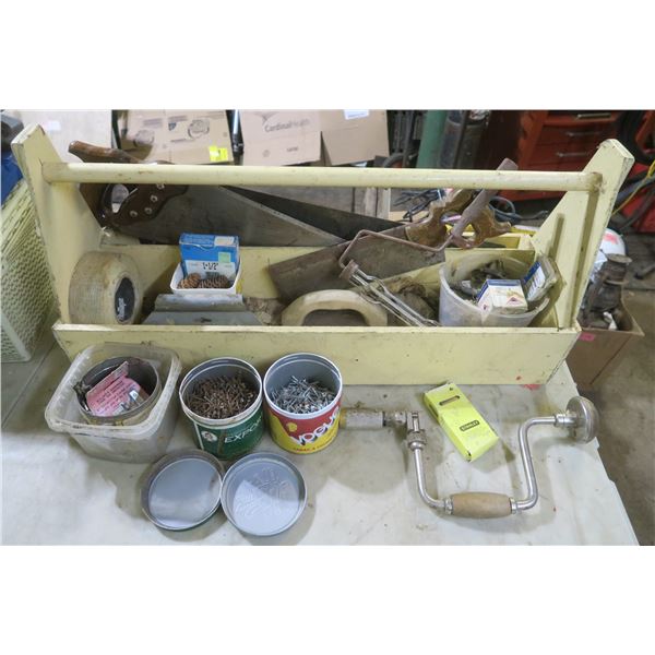 wooden tool tray with assorted tools and hardware