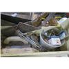 Image 4 : wooden tool tray with assorted tools and hardware