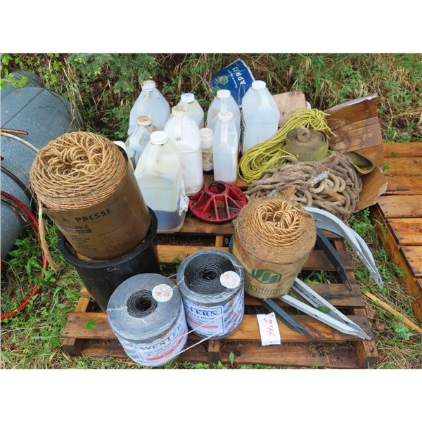 Pallet of baler twine, rope/straps, brackets and misc. chains