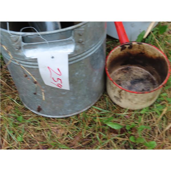 Lot of Galvanized and enamelware & 2 shed antlers