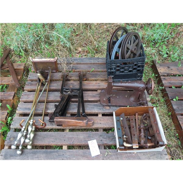 Pallet of cast chair ends, hinges, pulleys, fire stoker set