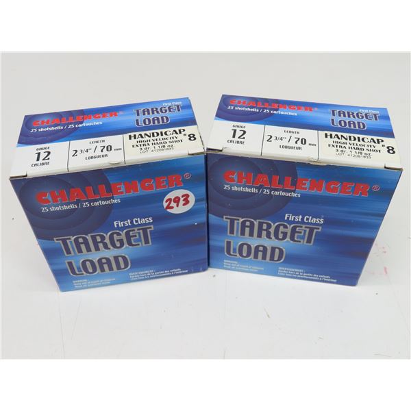 2 boxes of Challenger Target load 12 gauge, 2 3/4 length, 3 DR., 1 1/8oz. Handicap high velocity ext