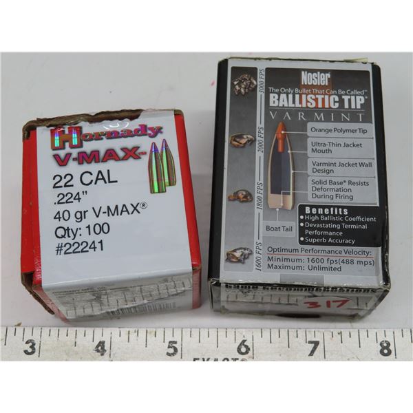 Hornady V-Max 22 Cal .224” 40 gr, & Nosler 22cal/.224” Ballistic tip 40gr – reloading bullets