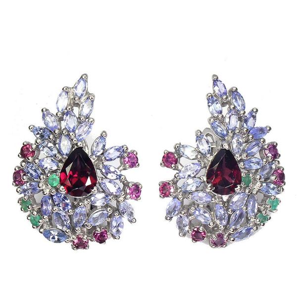 Natural Rhodolite Garnet Emerald Tanzanite Earrings
