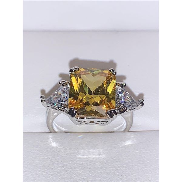 Ladies Emerald Cut 2.2 Carat Yellow Topaz Solitaire with Trilliam Set Side Stones .925 Silver Ring