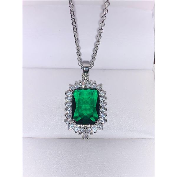 Emerald Cut Solitaire multi stone Pendant & Chain Set in .925 Silver